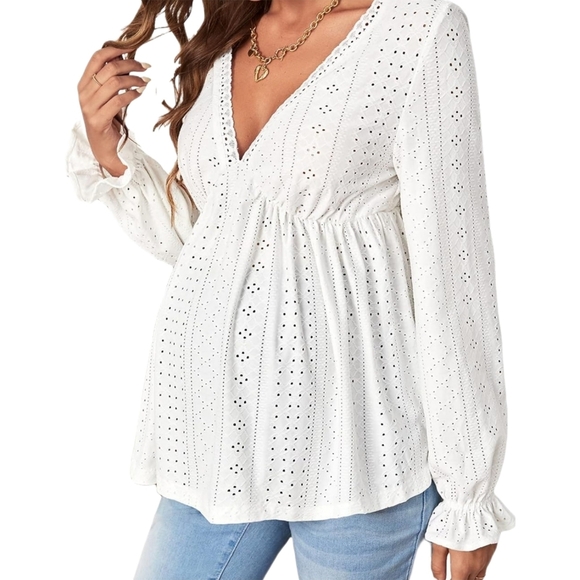 Peasant Maternity Blouse (Eyelet Fabric, Empire Waist, Gathered Sleeves) - Small - Picture 9 of 12